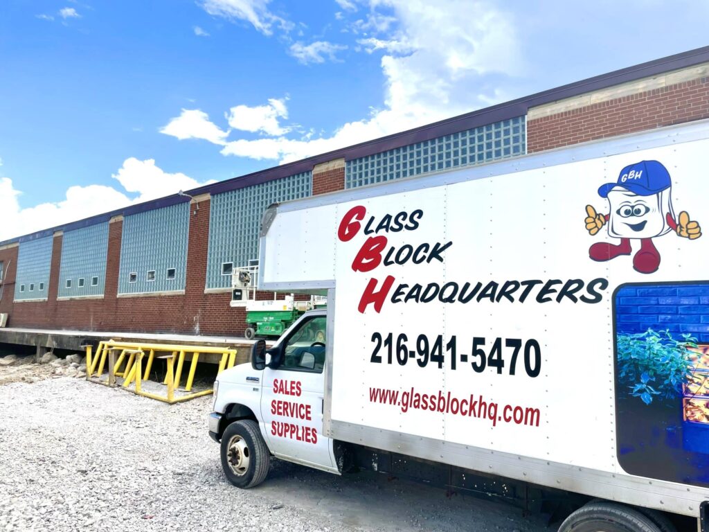 Glass Block HQ crew truck at a commercial glass block installation