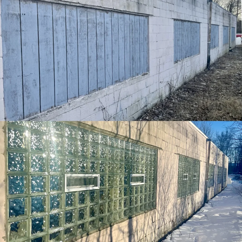 Commercial wall before and after vented glass block installation
