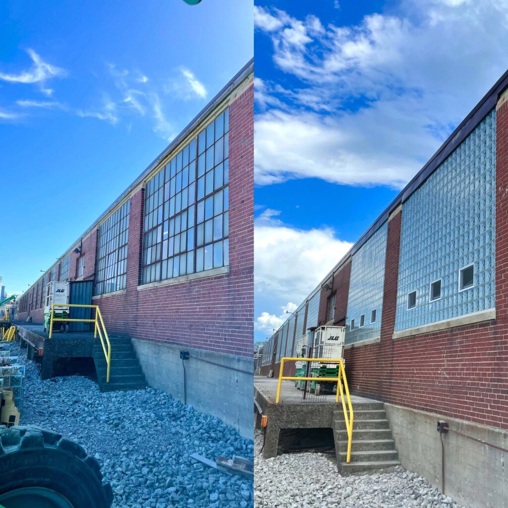 Brick warehouse before and after glass block window replacement
