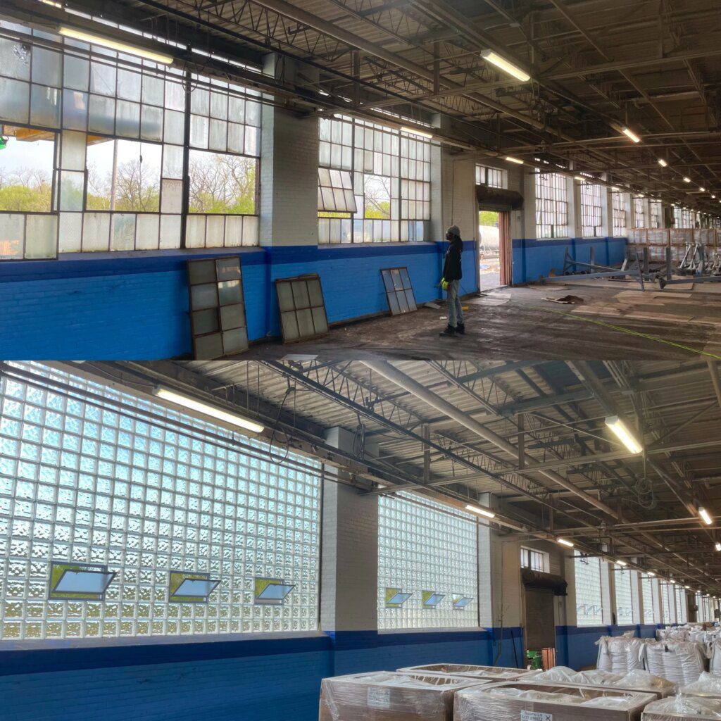 Warehouse interior before and after glass block window installation
