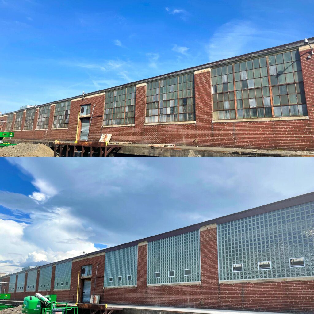 Brick warehouse before and after glass block window replacement