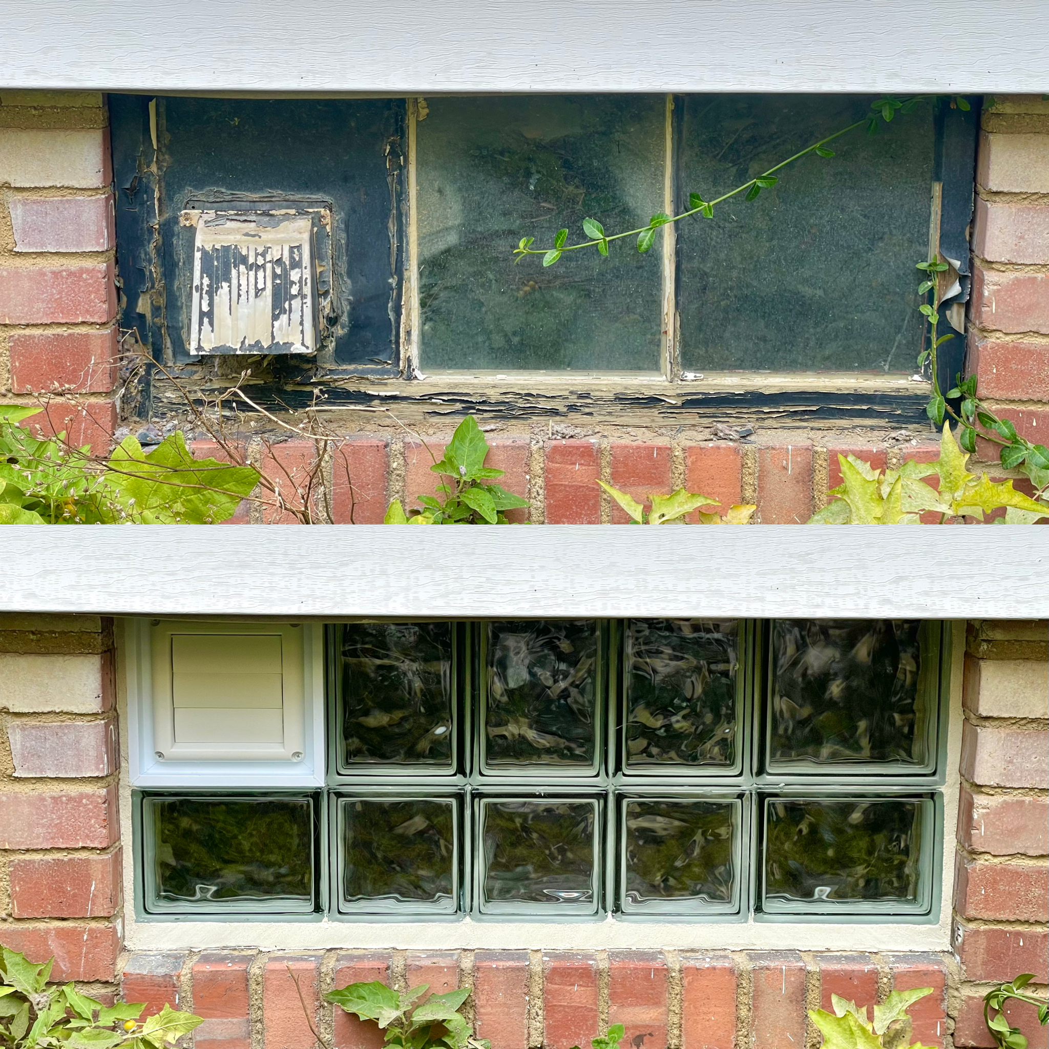 Glass block basement windows before and after installation in Ohio