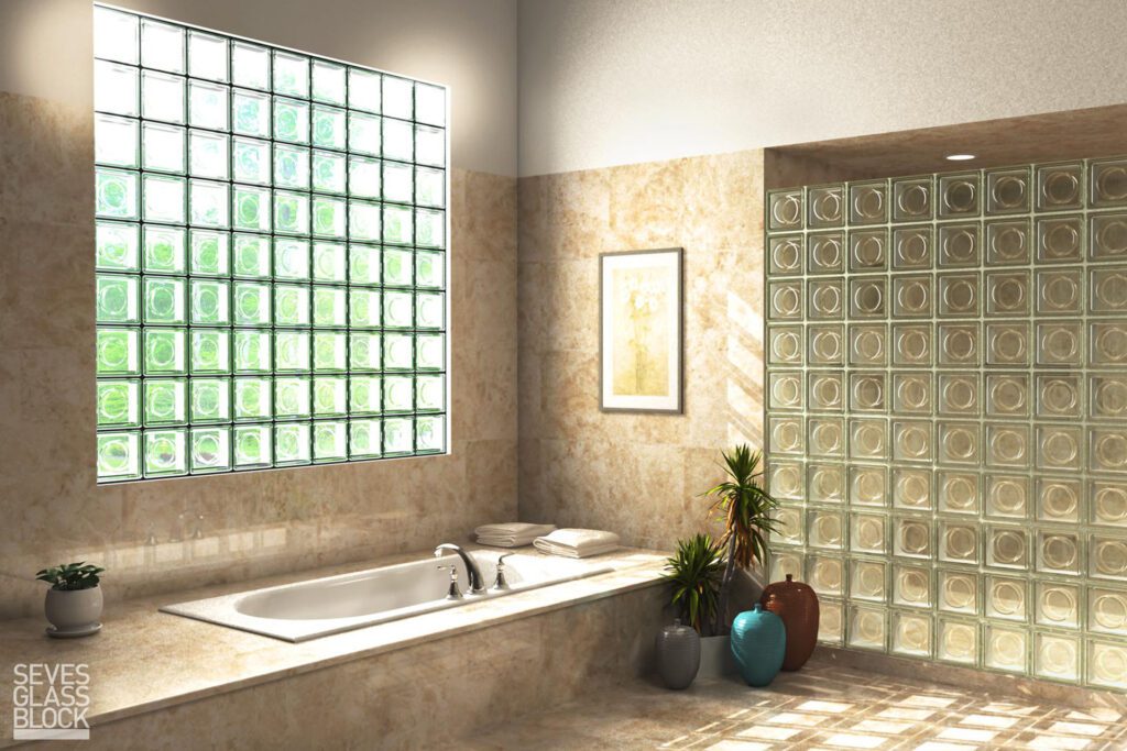 Glass block shower wall providing privacy and natural light